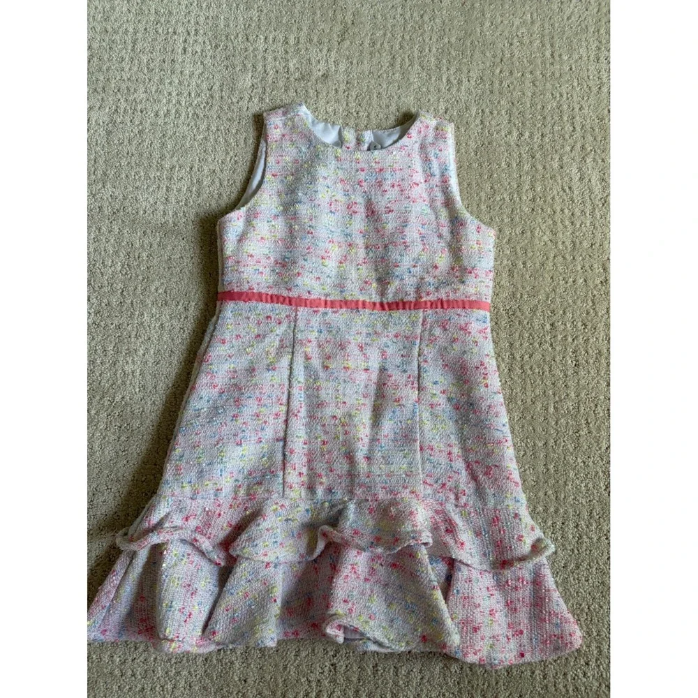 Janie and Jack Girls Pink Multi Tweed Ruffle Hem Party Dress Size 4 Sleeveless